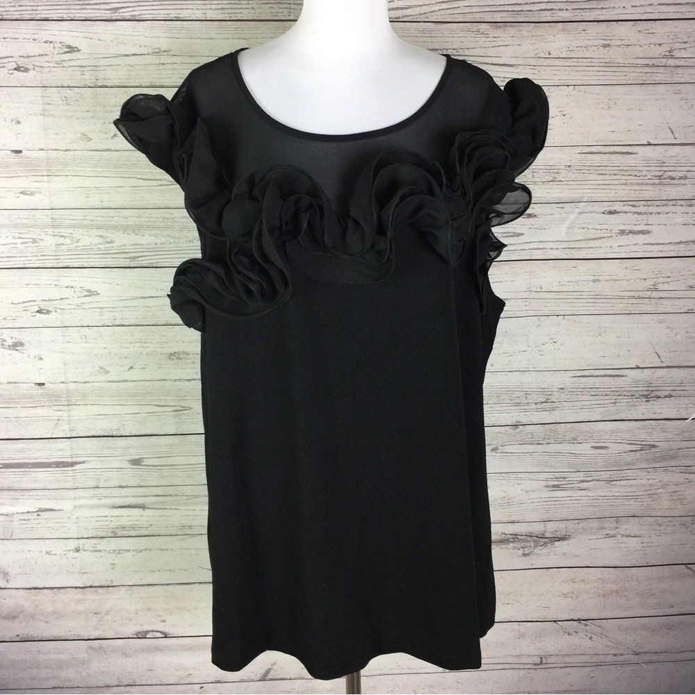 Ashley Stewart Woman Black Mesh Yoke Ruffle Cap Sleeve Top